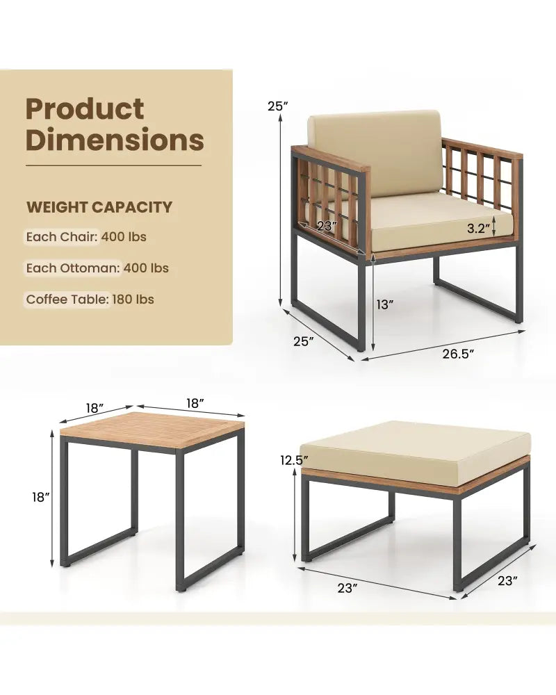5 Piece Outdoor Furniture Set Acacia Wood Chair Set with Ottomans and Coffee Table-Beige - Beige - Patio Conversation