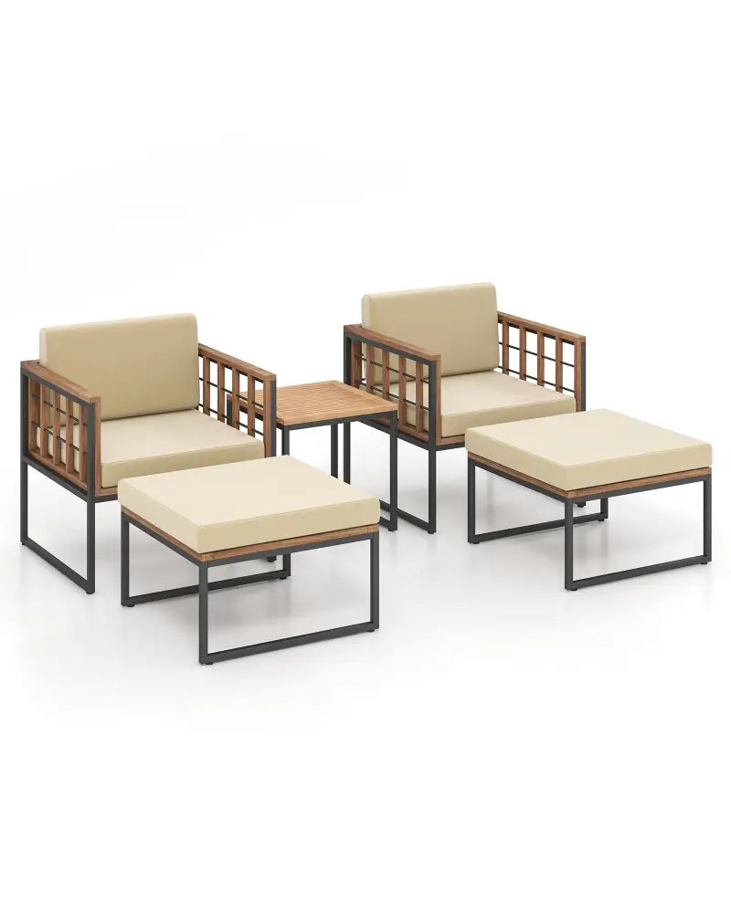5 Piece Outdoor Furniture Set Acacia Wood Chair Set with Ottomans and Coffee Table-Beige - Beige - Patio Conversation