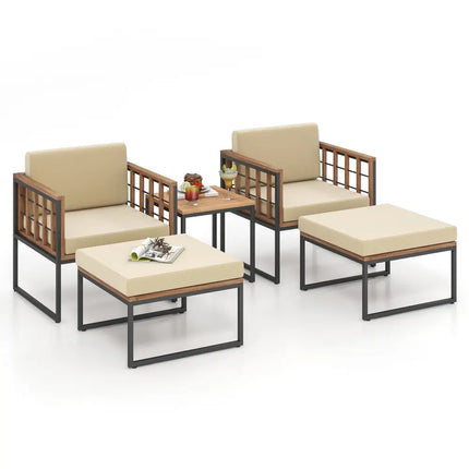 5 Piece Outdoor Furniture Set Acacia Wood Chair Set with Ottomans and Coffee Table-Beige - Beige - Patio Conversation