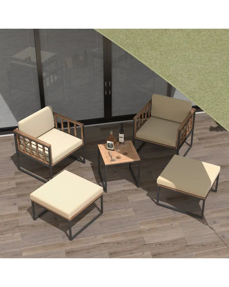 5 Piece Outdoor Furniture Set Acacia Wood Chair Set with Ottomans and Coffee Table-Beige - Beige - Patio Conversation