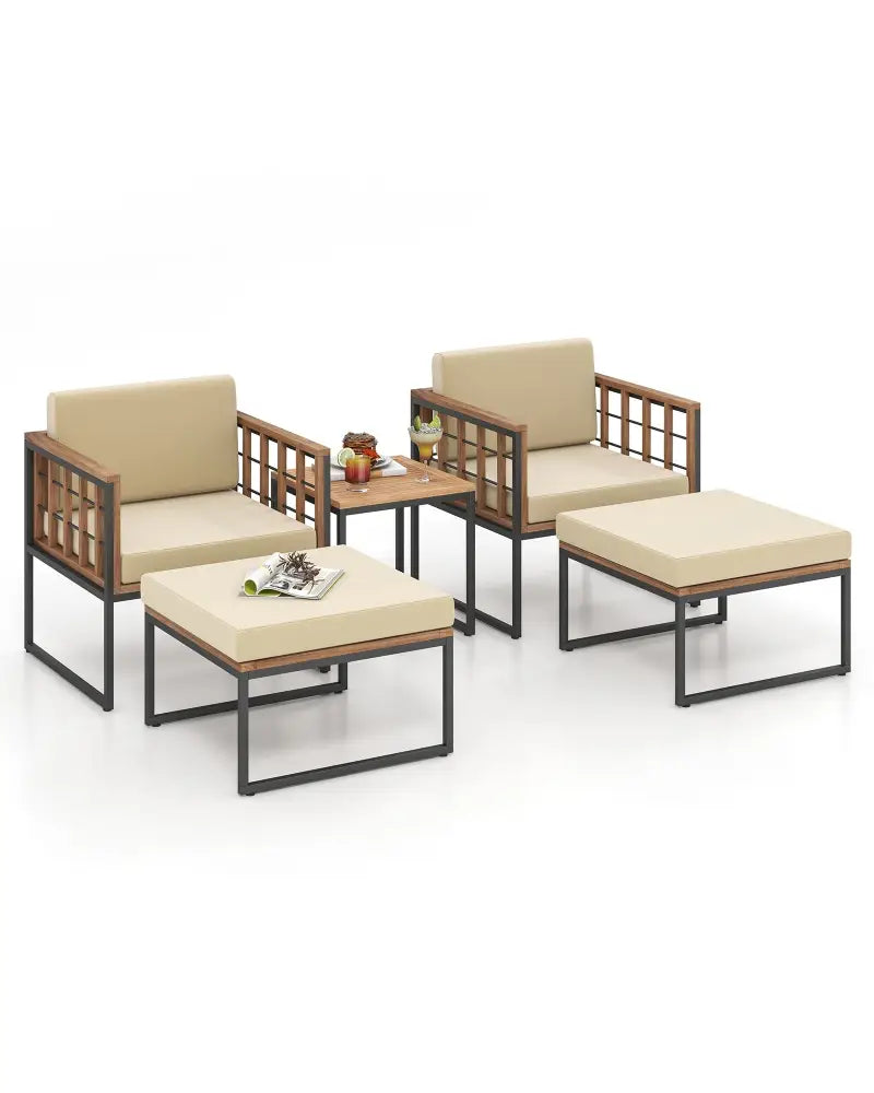 5 Piece Outdoor Furniture Set Acacia Wood Chair Set with Ottomans and Coffee Table-Beige - Beige - Patio Conversation