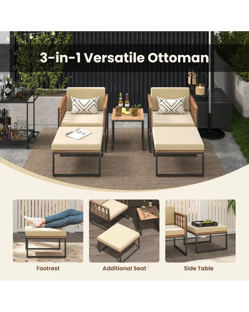 5 Piece Outdoor Furniture Set Acacia Wood Chair Set with Ottomans and Coffee Table-Beige - Beige - Patio Conversation