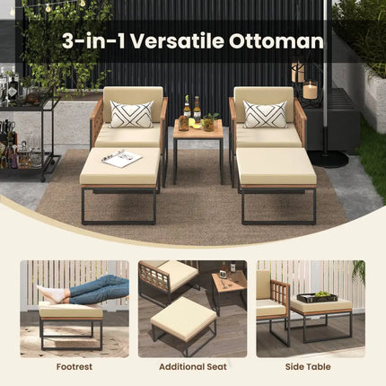 5 Piece Outdoor Furniture Set Acacia Wood Chair Set with Ottomans and Coffee Table-Beige - Beige - Patio Conversation