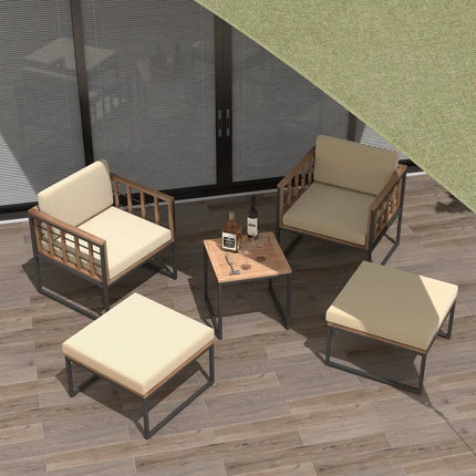 5 Piece Outdoor Furniture Set Acacia Wood Chair Set with Ottomans and Coffee Table-Beige - Beige - Patio Conversation