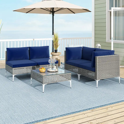 5 Piece Outdoor Furniture Set Patio Rattan Chairs with Tempered Glass Coffee Table-Navy - Navy - Outdoor Sectionals