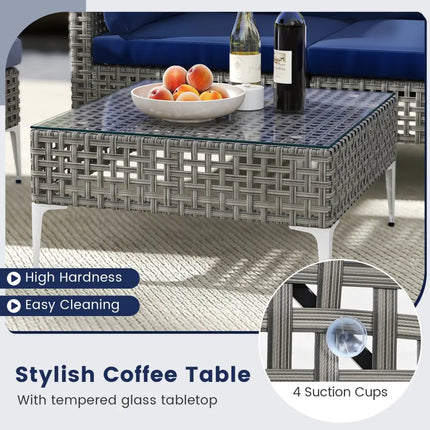 5 Piece Outdoor Furniture Set Patio Rattan Chairs with Tempered Glass Coffee Table-Navy - Navy - Outdoor Sectionals