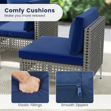 5 Piece Outdoor Furniture Set Patio Rattan Chairs with Tempered Glass Coffee Table-Navy - Navy - Outdoor Sectionals