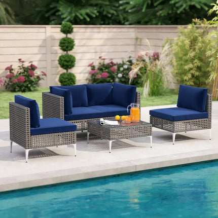 5 Piece Outdoor Furniture Set Patio Rattan Chairs with Tempered Glass Coffee Table-Navy - Navy - Outdoor Sectionals