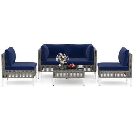 5 Piece Outdoor Furniture Set Patio Rattan Chairs with Tempered Glass Coffee Table-Navy - Navy - Outdoor Sectionals