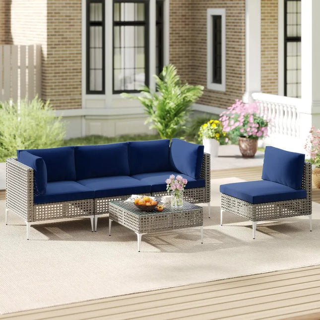 5 Piece Outdoor Furniture Set Patio Rattan Chairs with Tempered Glass Coffee Table-Navy - Navy - Outdoor Sectionals