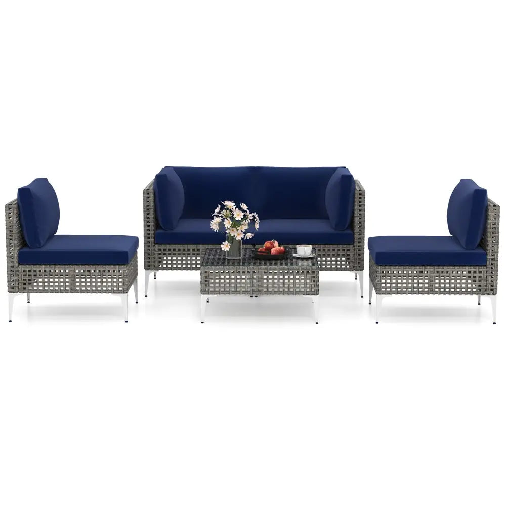 5 Piece Outdoor Furniture Set Patio Rattan Chairs with Tempered Glass Coffee Table-Navy - Navy - Outdoor Sectionals