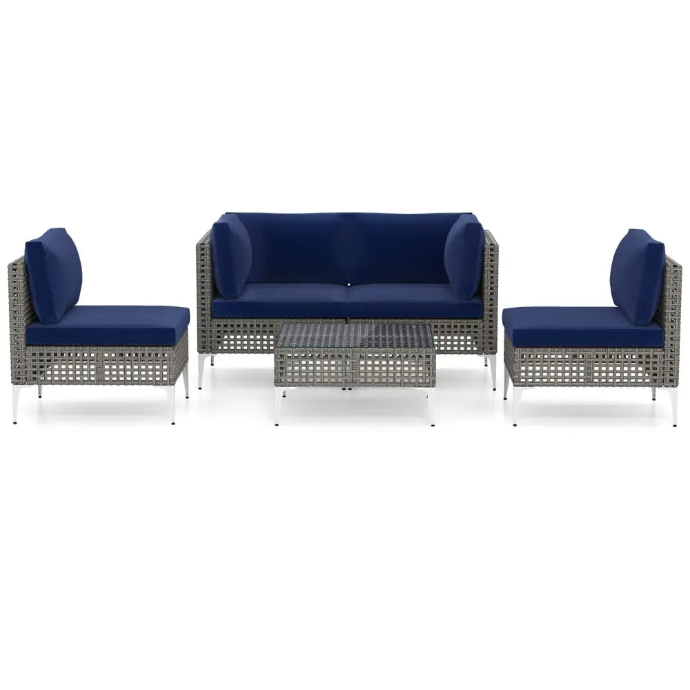 5 Piece Outdoor Furniture Set Patio Rattan Chairs with Tempered Glass Coffee Table-Navy - Navy - Outdoor Sectionals
