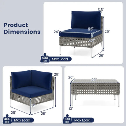 5 Piece Outdoor Furniture Set Patio Rattan Chairs with Tempered Glass Coffee Table-Navy - Navy - Outdoor Sectionals
