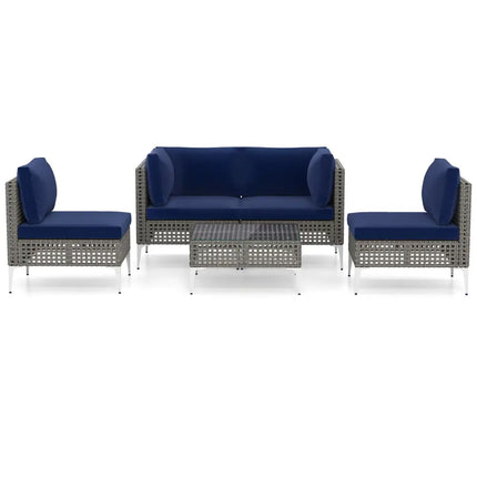 5 Piece Outdoor Furniture Set Patio Rattan Chairs with Tempered Glass Coffee Table-Navy - Navy - Outdoor Sectionals