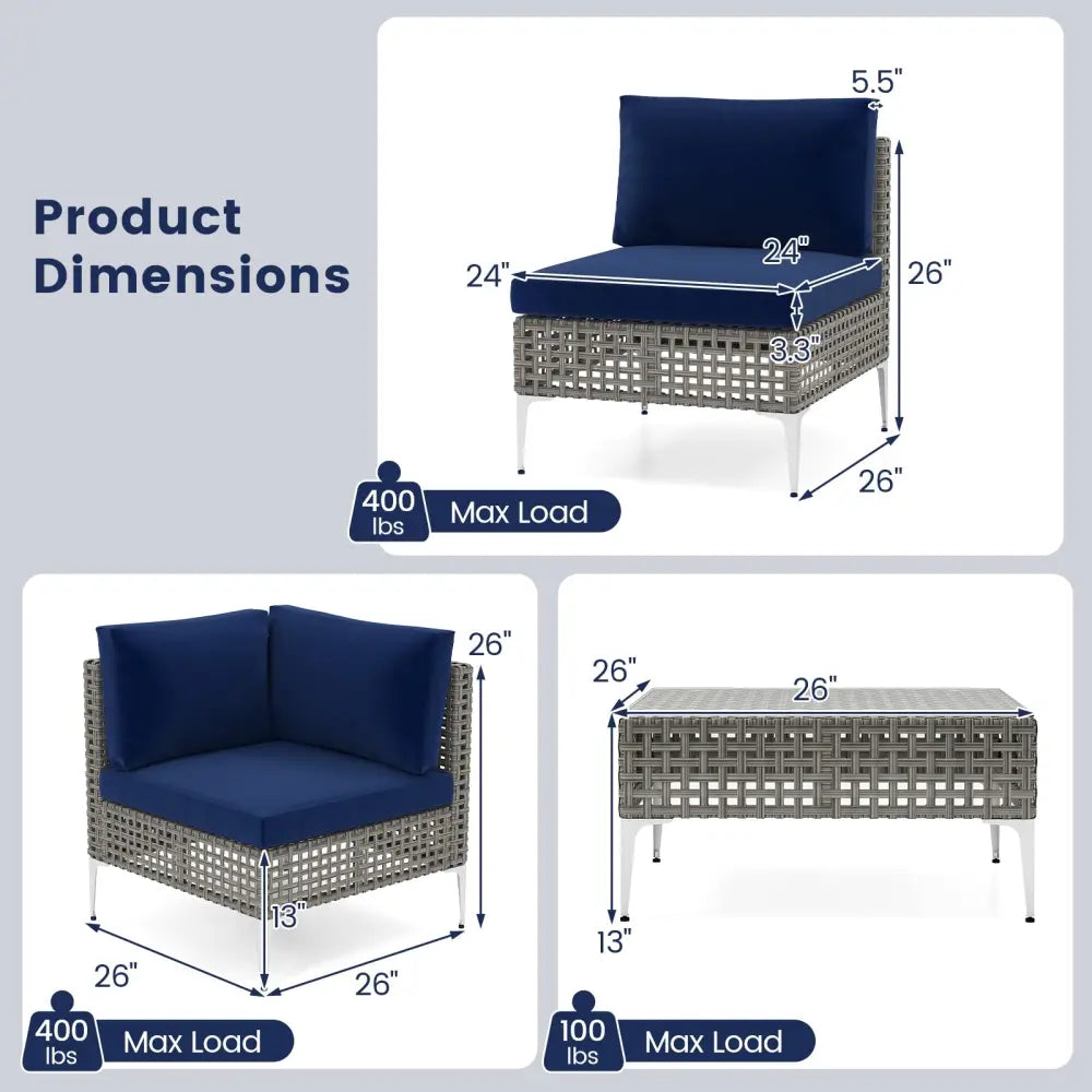 5 Piece Outdoor Furniture Set Patio Rattan Chairs with Tempered Glass Coffee Table-Navy - Navy - Outdoor Sectionals