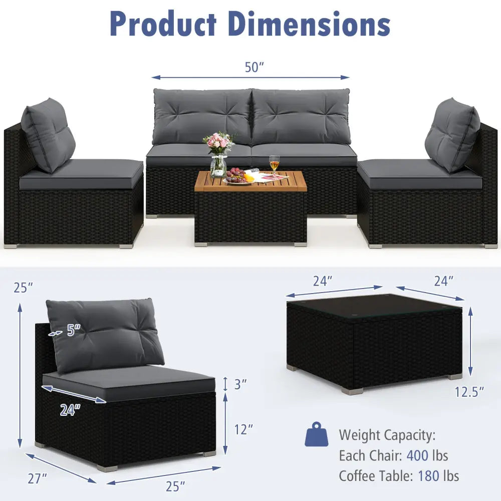 5 Piece Outdoor Furniture Set with Solid Tabletop and Soft Cushions-Gray - Gray - Outdoor Sectionals