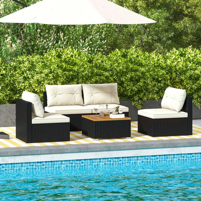 5 Piece Outdoor Furniture Set with Solid Tabletop and Soft Cushions-Off White - Off White - Outdoor Sectionals