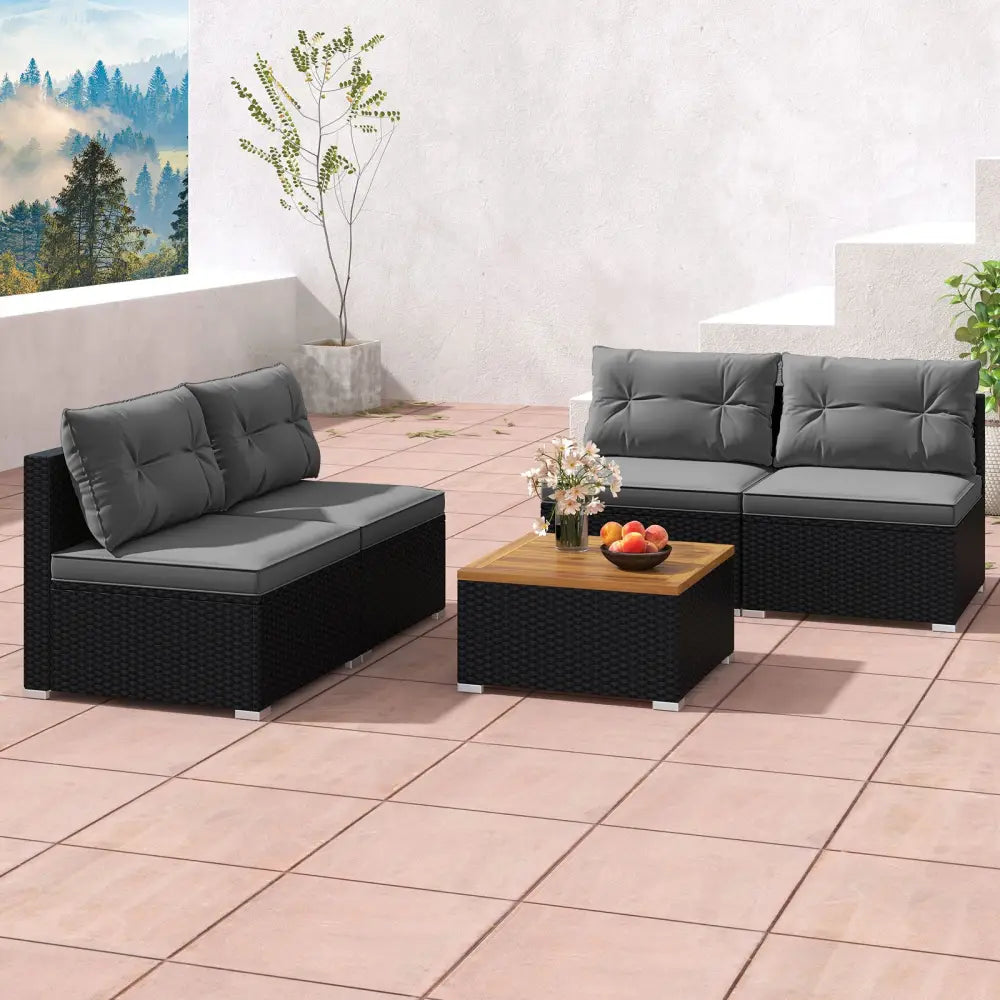 5 Piece Outdoor Furniture Set with Solid Tabletop and Soft Cushions-Gray - Gray - Outdoor Sectionals