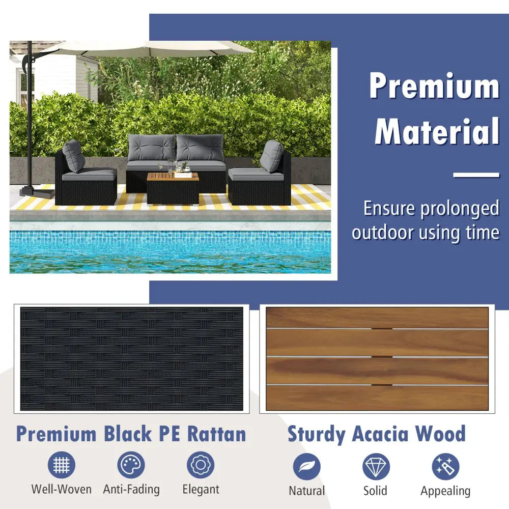 5 Piece Outdoor Furniture Set with Solid Tabletop and Soft Cushions-Gray - Gray - Outdoor Sectionals