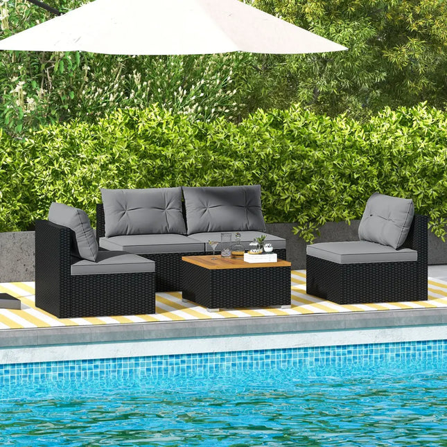 5 Piece Outdoor Furniture Set with Solid Tabletop and Soft Cushions-Gray - Gray - Outdoor Sectionals