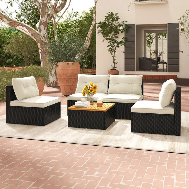 5 Piece Outdoor Furniture Set with Solid Tabletop and Soft Cushions-Off White - Off White - Outdoor Sectionals