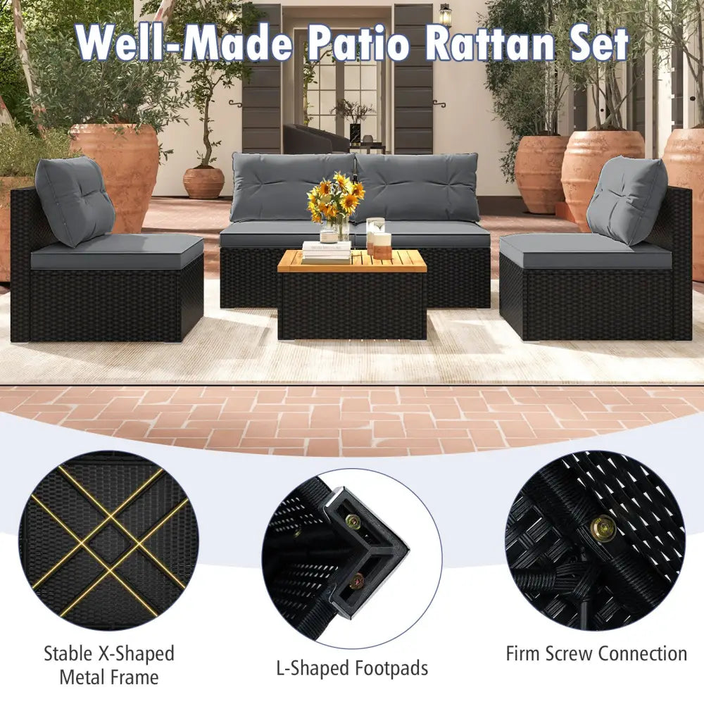5 Piece Outdoor Furniture Set with Solid Tabletop and Soft Cushions-Gray - Gray - Outdoor Sectionals