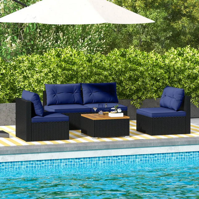 5 Piece Outdoor Furniture Set with Solid Tabletop and Soft Cushions-Navy - Navy - Outdoor Sectionals