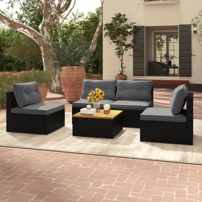 5 Piece Outdoor Furniture Set with Solid Tabletop and Soft Cushions-Gray - Gray - Outdoor Sectionals