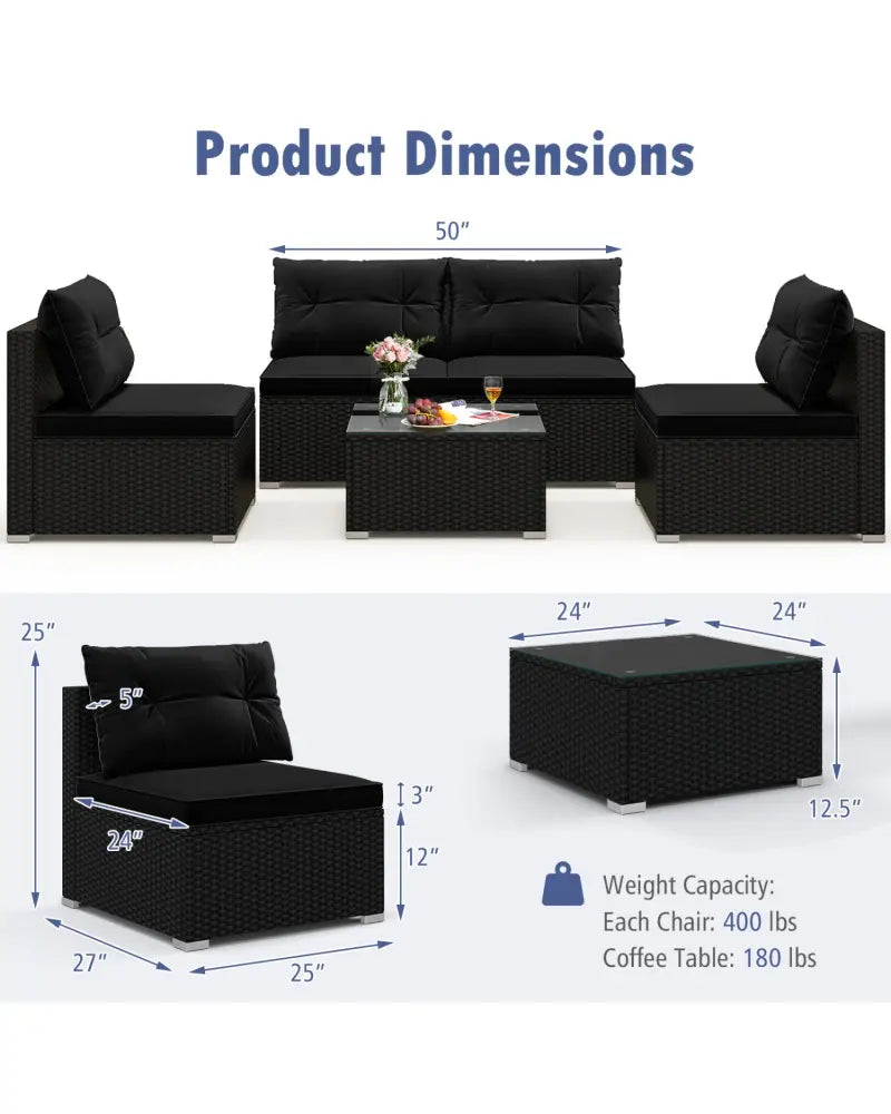 5-Piece Outdoor Patio Furniture Set with Cushions and Coffee Table-Black - Black - Outdoor Sectionals