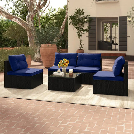 5-Piece Outdoor Patio Furniture Set with Cushions and Coffee Table-Navy - Navy - Outdoor Sectionals