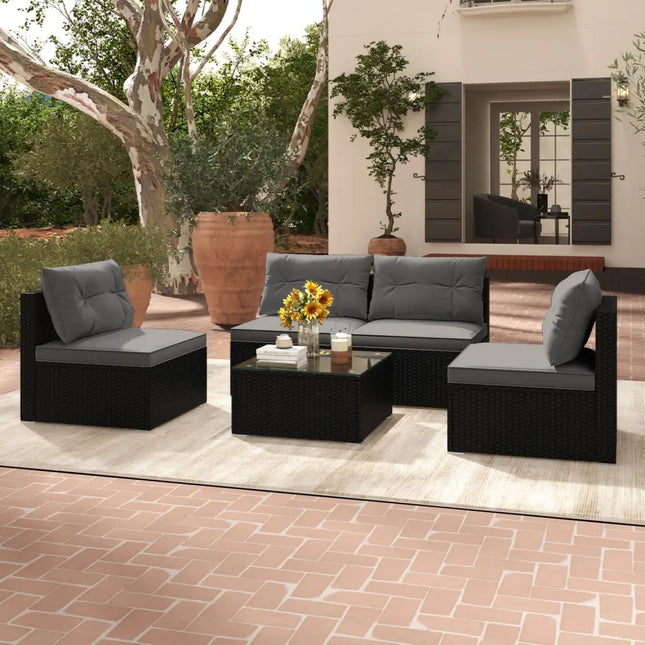 5-Piece Outdoor Patio Furniture Set with Cushions and Coffee Table-Gray - Gray - Outdoor Sectionals