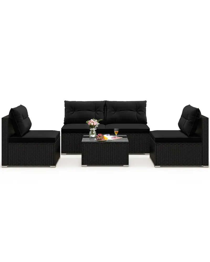 5-Piece Outdoor Patio Furniture Set with Cushions and Coffee Table-Black - Black - Outdoor Sectionals