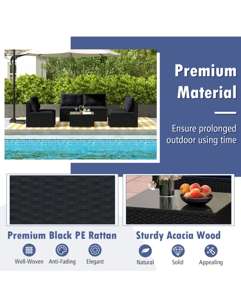 5-Piece Outdoor Patio Furniture Set with Cushions and Coffee Table-Black - Black - Outdoor Sectionals