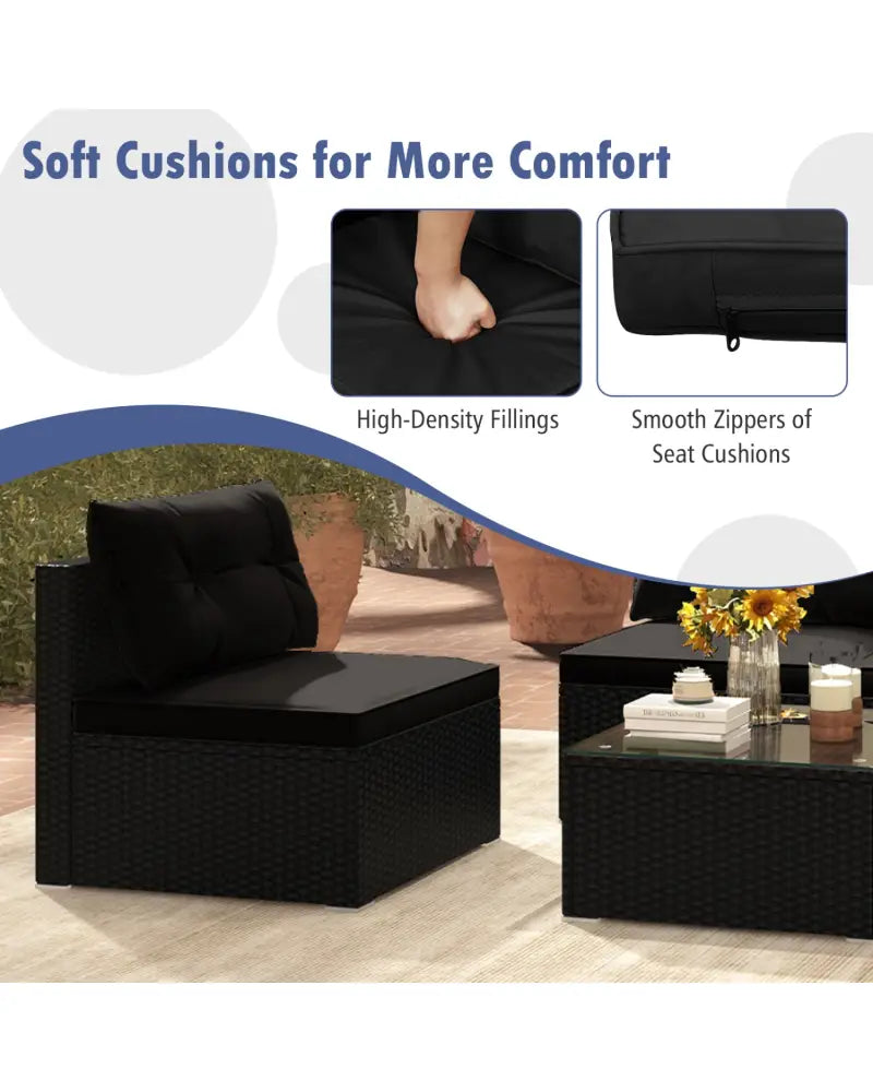 5-Piece Outdoor Patio Furniture Set with Cushions and Coffee Table-Black - Black - Outdoor Sectionals