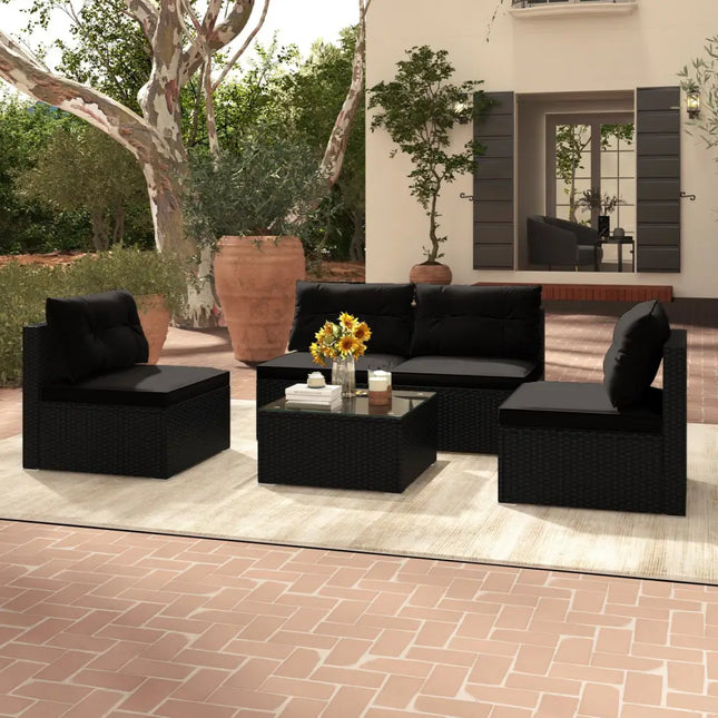 5-Piece Outdoor Patio Furniture Set with Cushions and Coffee Table-Black - Black - Outdoor Sectionals