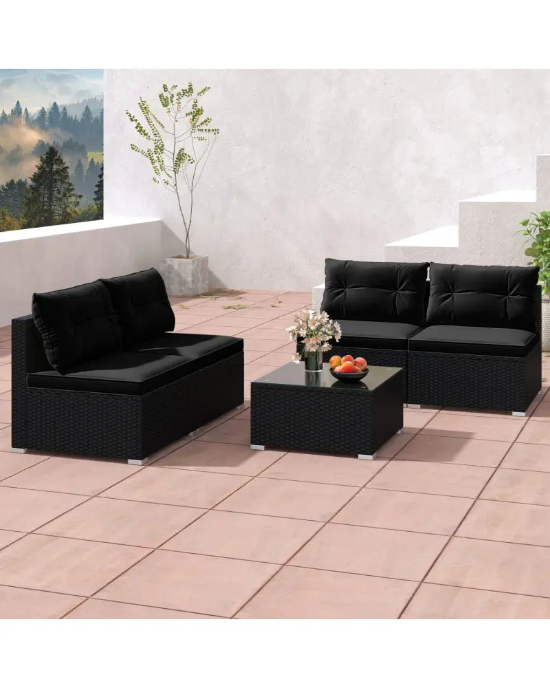 5-Piece Outdoor Patio Furniture Set with Cushions and Coffee Table-Black - Black - Outdoor Sectionals