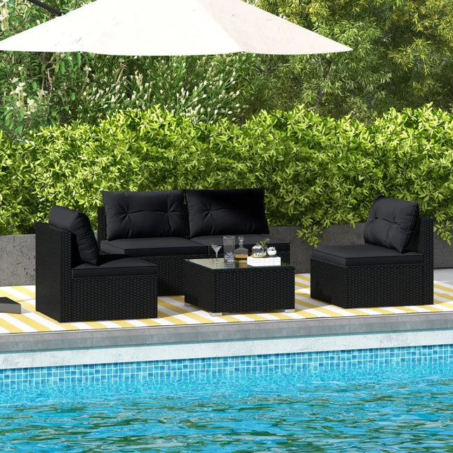 5-Piece Outdoor Patio Furniture Set with Cushions and Coffee Table-Black - Black - Outdoor Sectionals