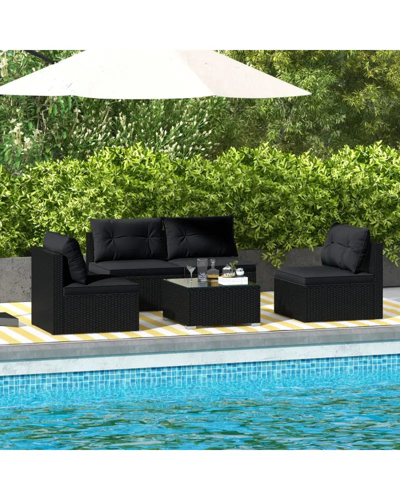 5-Piece Outdoor Patio Furniture Set with Cushions and Coffee Table-Black - Black - Outdoor Sectionals