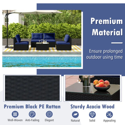 5-Piece Outdoor Patio Furniture Set with Cushions and Coffee Table-Navy - Navy - Outdoor Sectionals