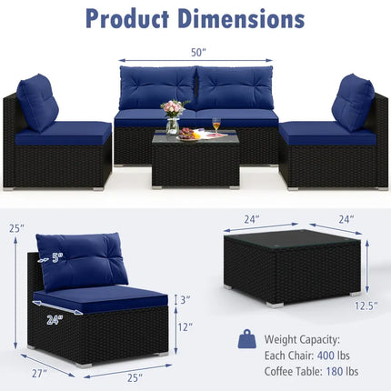 5-Piece Outdoor Patio Furniture Set with Cushions and Coffee Table-Navy - Navy - Outdoor Sectionals