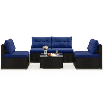 5-Piece Outdoor Patio Furniture Set with Cushions and Coffee Table-Navy - Navy - Outdoor Sectionals