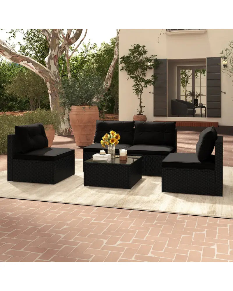 5-Piece Outdoor Patio Furniture Set with Cushions and Coffee Table-Black - Black - Outdoor Sectionals