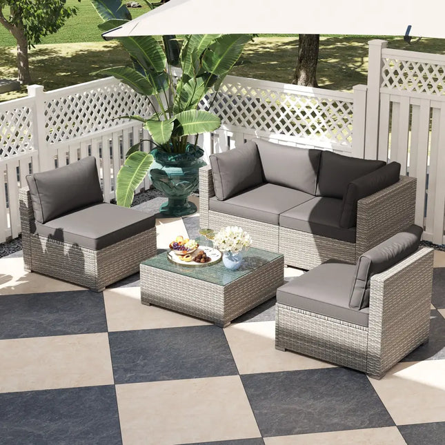 5-Piece Outdoor Patio Sectional Sofa Couch and Glass Coffee Table with Cushions-Gray - Gray - Patio Conversation Sets