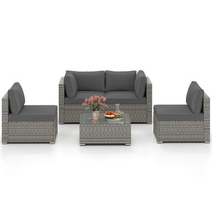 5-Piece Outdoor Patio Sectional Sofa Couch and Glass Coffee Table with Cushions-Gray - Gray - Patio Conversation Sets