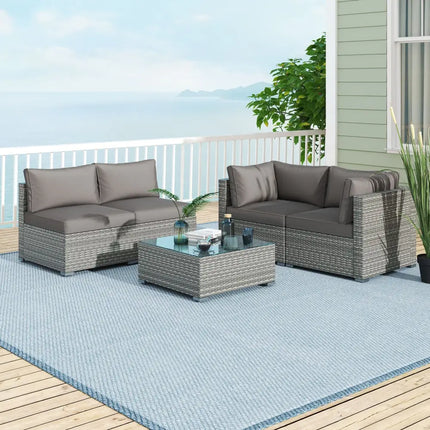 5-Piece Outdoor Patio Sectional Sofa Couch and Glass Coffee Table with Cushions-Gray - Gray - Patio Conversation Sets