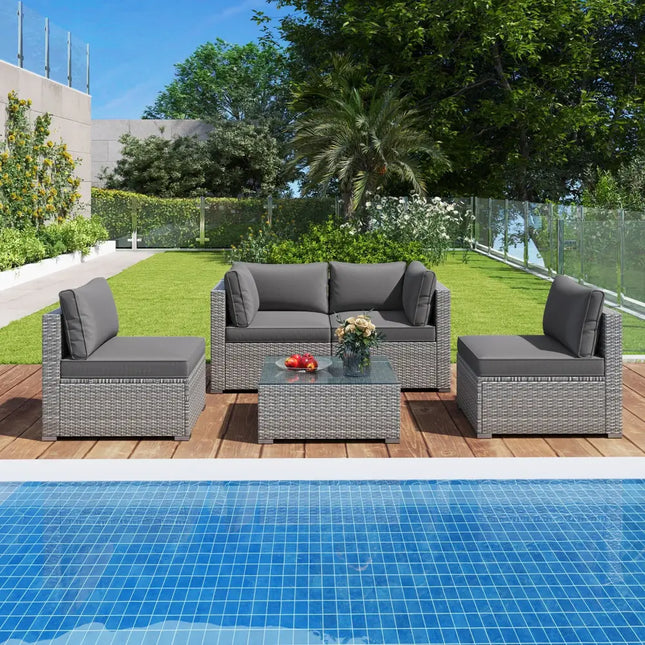 5-Piece Outdoor Patio Sectional Sofa Couch and Glass Coffee Table with Cushions-Gray - Gray - Patio Conversation Sets