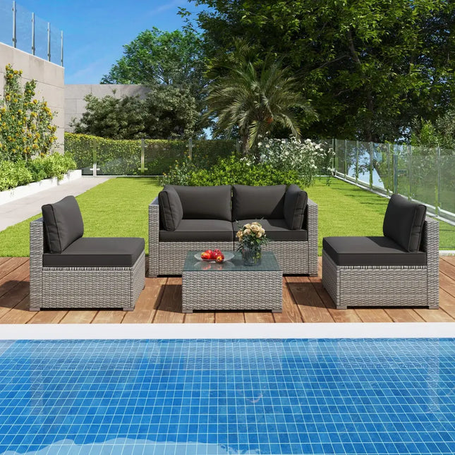 5-Piece Outdoor Patio Sectional Sofa Couch and Glass Coffee Table with Cushions-Black - Black - Patio Conversation Sets