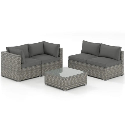 5-Piece Outdoor Patio Sectional Sofa Couch and Glass Coffee Table with Cushions-Gray - Gray - Patio Conversation Sets