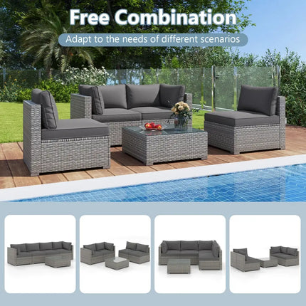 5-Piece Outdoor Patio Sectional Sofa Couch and Glass Coffee Table with Cushions-Gray - Gray - Patio Conversation Sets