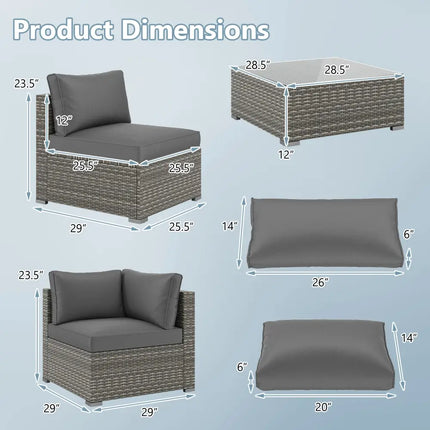 5-Piece Outdoor Patio Sectional Sofa Couch and Glass Coffee Table with Cushions-Gray - Gray - Patio Conversation Sets